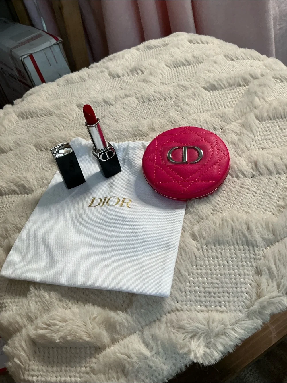 Dior Hot Pink Quilted Compact Mirror with Red Lipstick